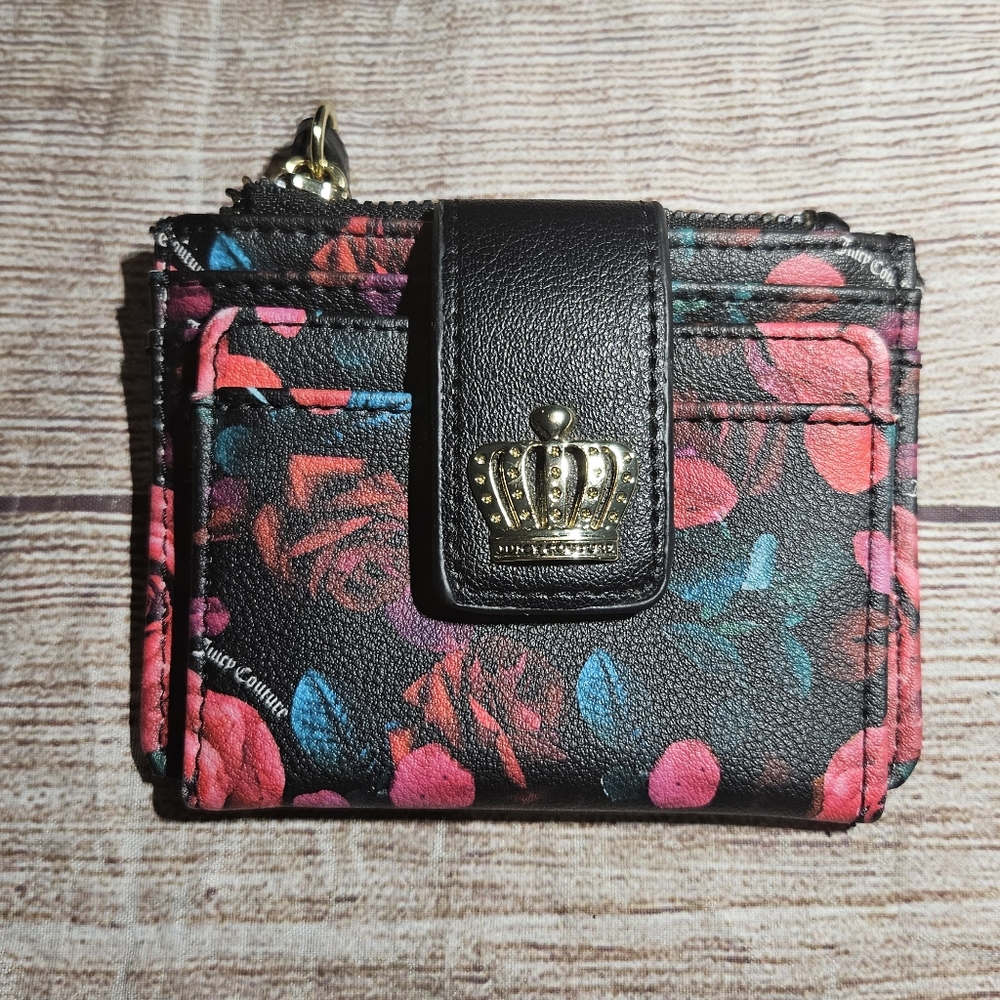 Juicy Couture black floral faux leather card holder wallet